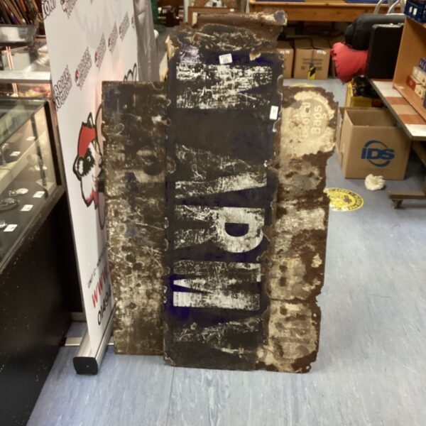 Lot of three antique metal signs with weathered patina.