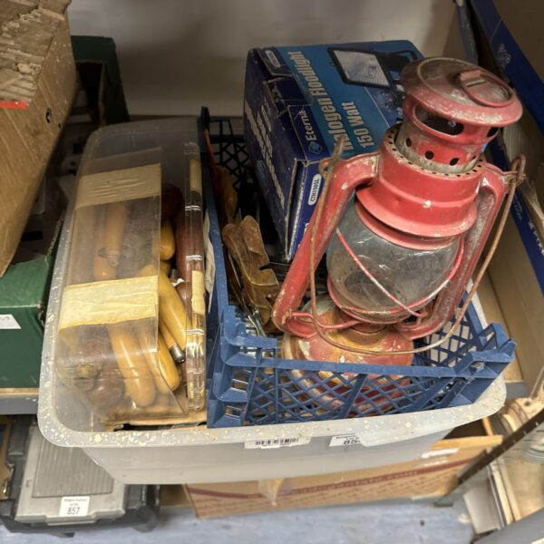 Mixed lot of vintage tools including a lantern and chisel handles.