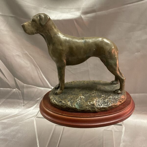 Vintage bronzed Great Dane statue on wooden base, collectible dog sculpture.