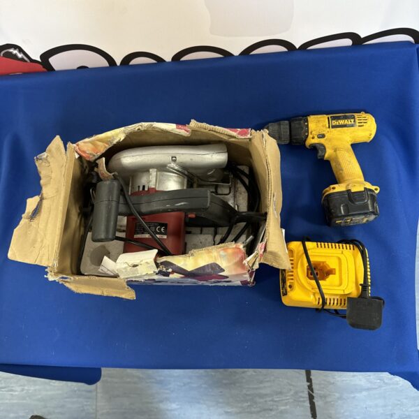 Power tool bundle featuring a circular saw and Dewalt drill.