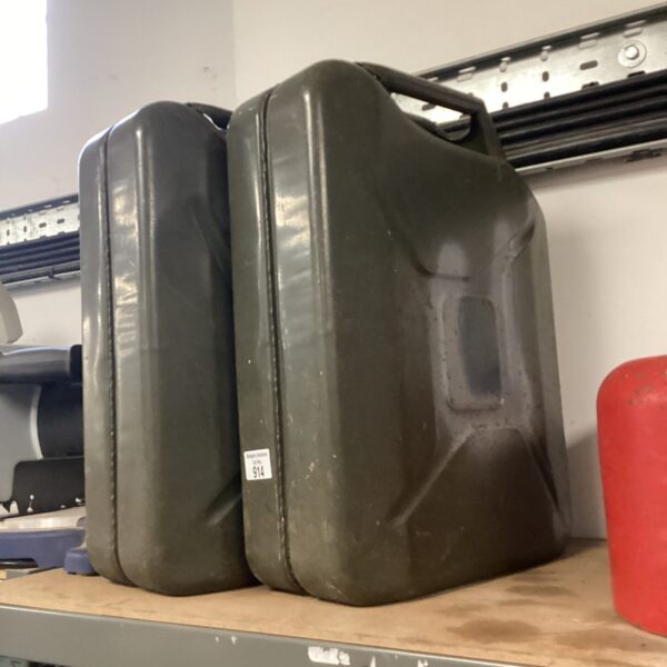 Two plastic 20-litre jerry cans for fuel or water storage.