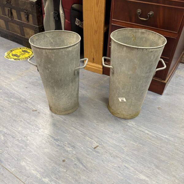 Pair of vintage galvanised bucket planters for garden or home use.