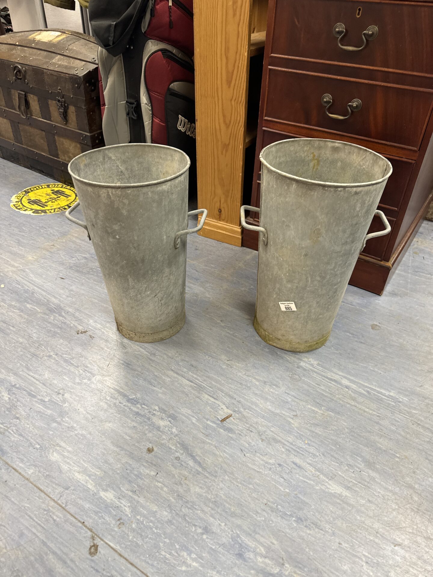 885 Two galvanised bucket planters