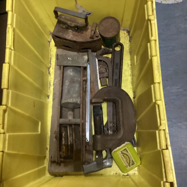 Vintage metal tools lot including G clamps and foot pump.