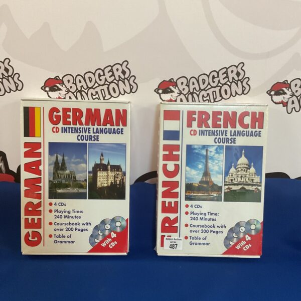 Vintage French and German language learning course packaging.