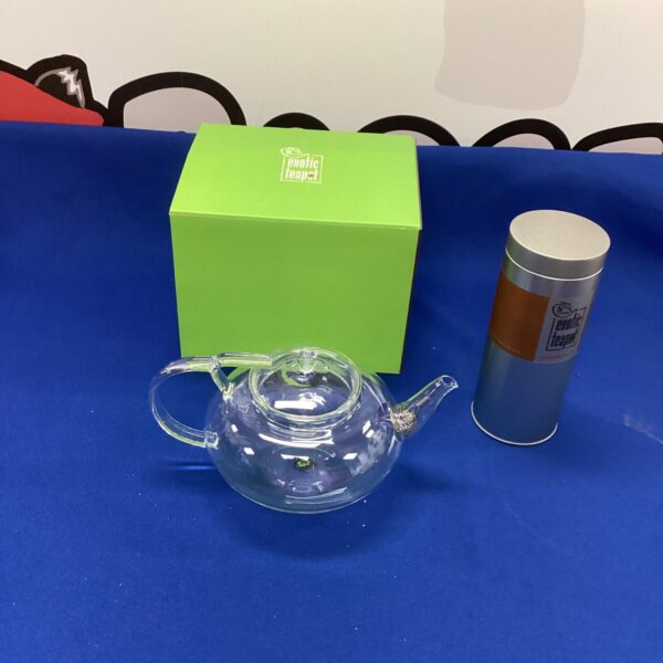 Clear glass teapot from Exotic Teapot Co with infuser.