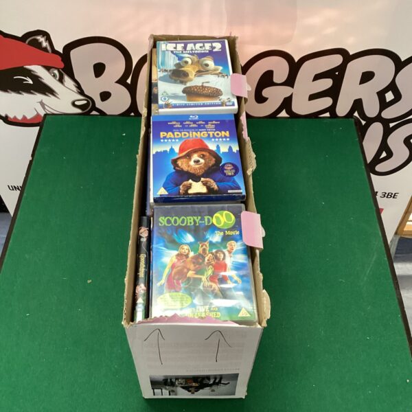 A box of mixed childrens DVDs for family entertainment.
