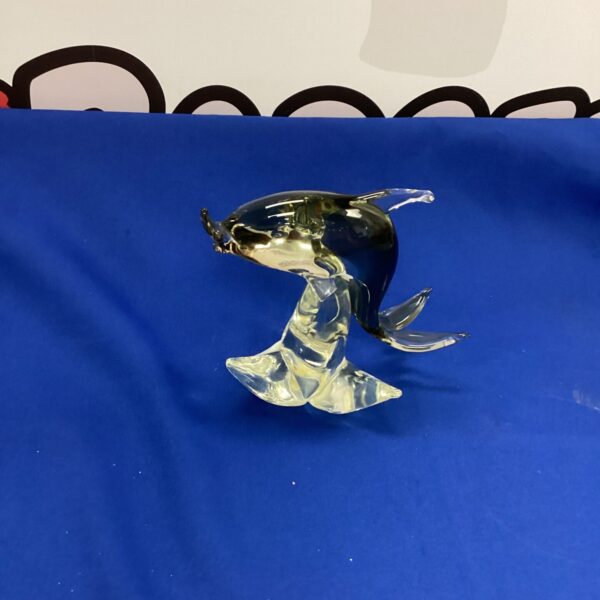 Vibrant Murano glass dolphin sculpture, Italian art glass collectible.