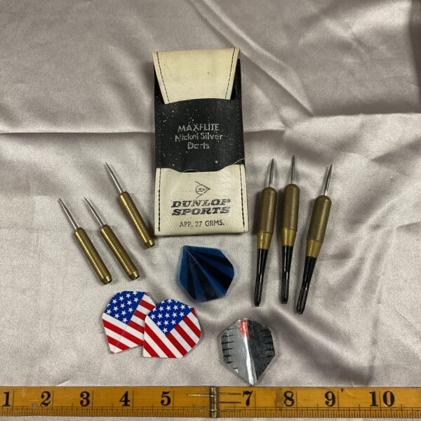 Vintage Dunlop dart set in original case, brass darts.