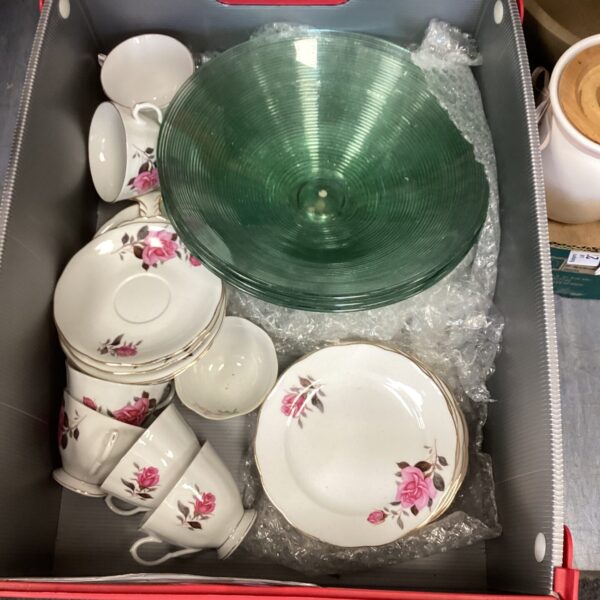 Vintage mixed china lot with teacups and glass serving dishes.