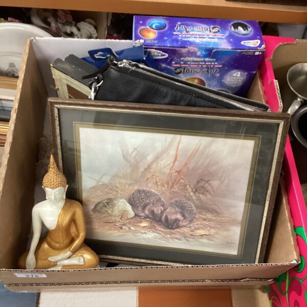 Mixed lot featuring vintage handbag and Buddha statue for collectors.