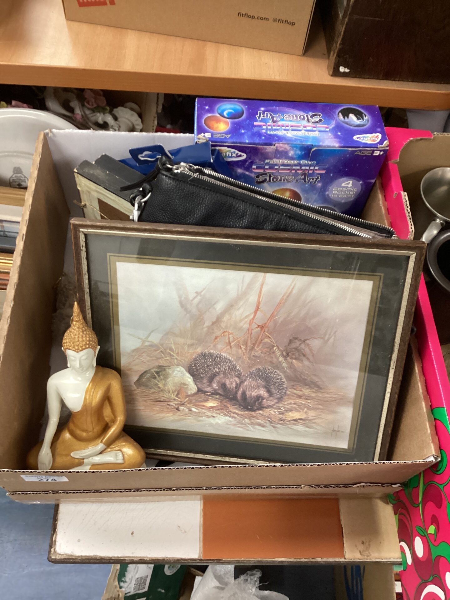 339 Box of mixed items inc leather Handbag