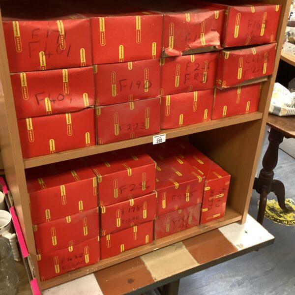 Vintage lot of red Hornby Airfix model plane parts boxes.