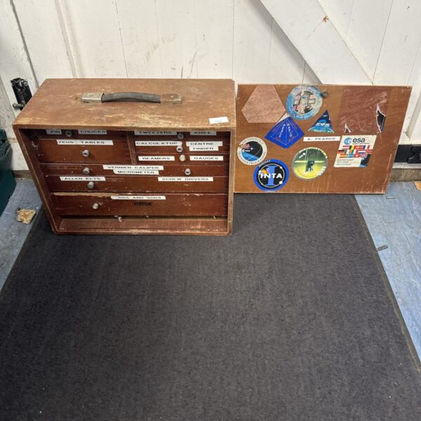 Vintage wooden engineers toolbox, empty interior, antique tool storage.