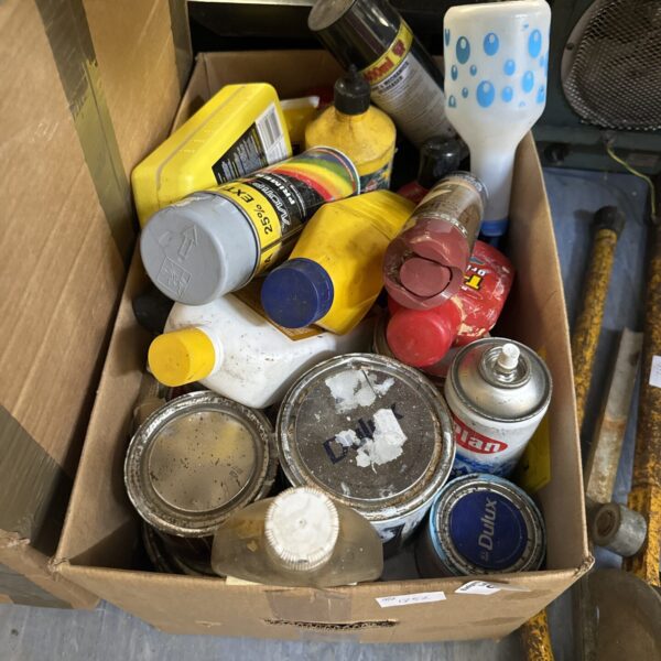 Mixed lot of shed clearance chemicals and paints for garden DIY.