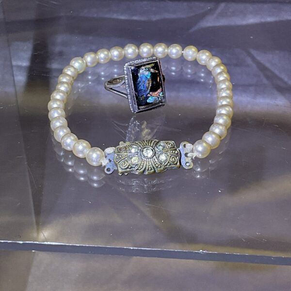 Vintage pearl bracelet with marcasite clasp and silver butterfly ring.