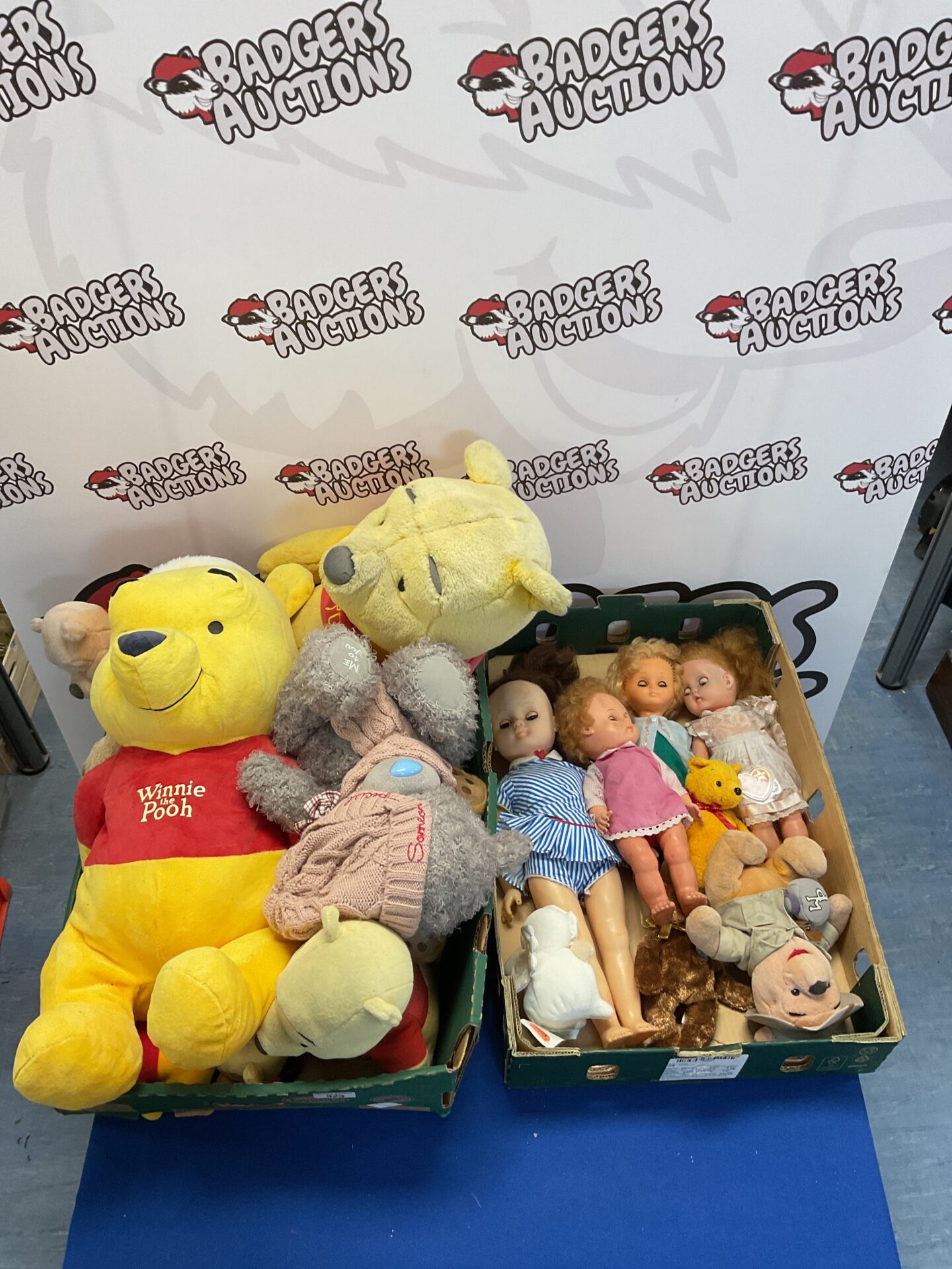 323 Box of winnie the pooh teddy bears and box of dolls