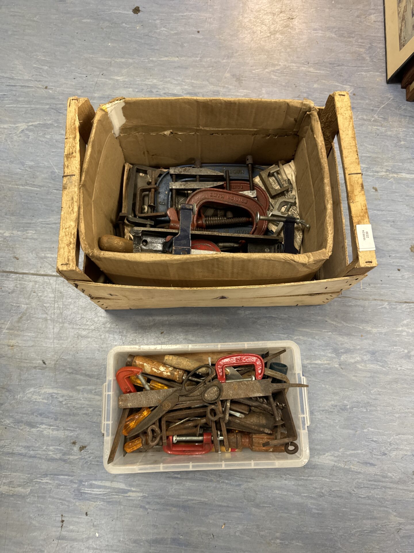 986 Two boxes of tools inc clamps & others
