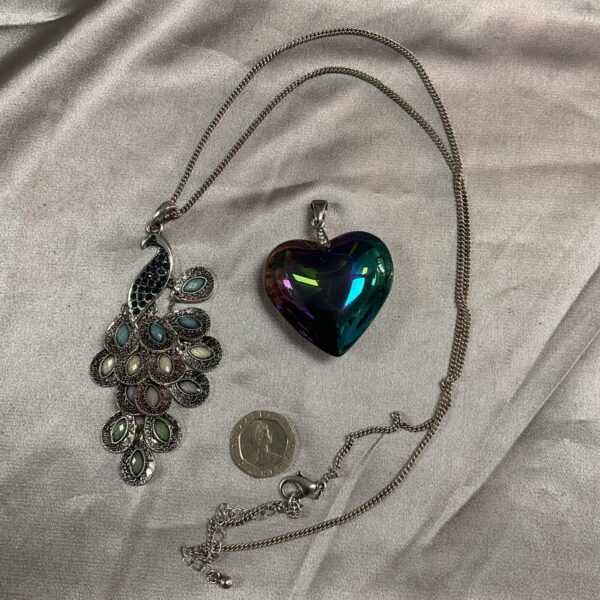 Colourful peacock and heart pendant necklace set on chain.