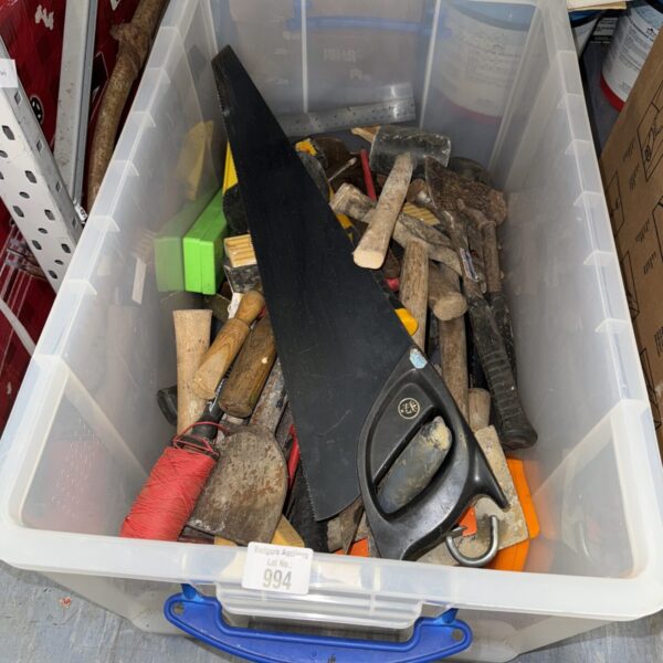 Assorted hand tools in a plastic storage box for DIY projects.
