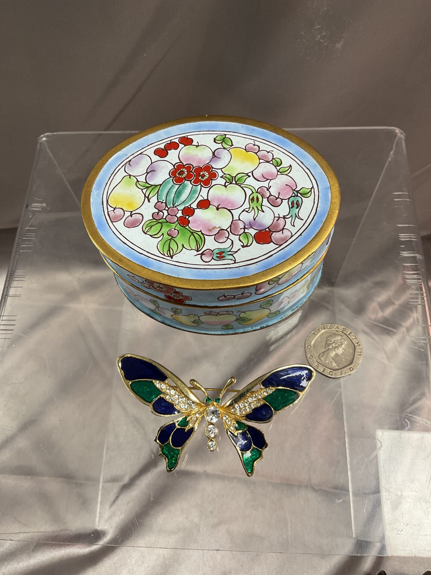 754 Enamelled butterfly brooch and enamelled trinket pot