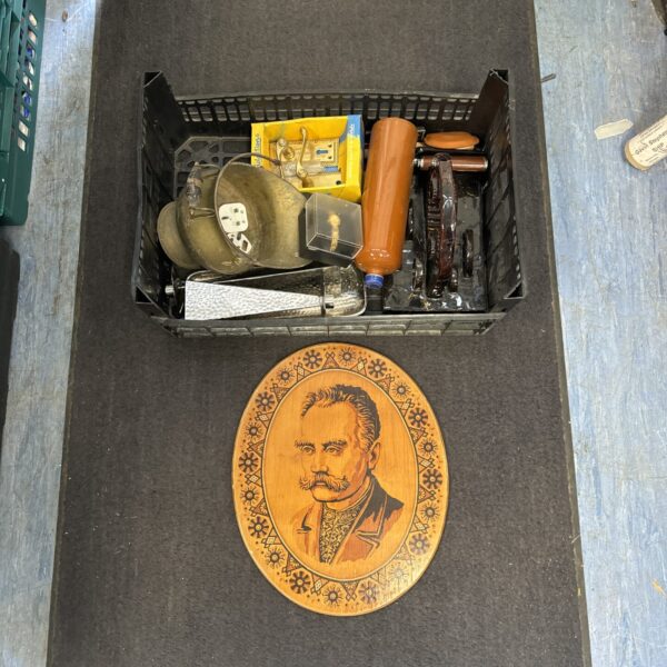 House clearance lot featuring vintage brass kettle and hand drill.