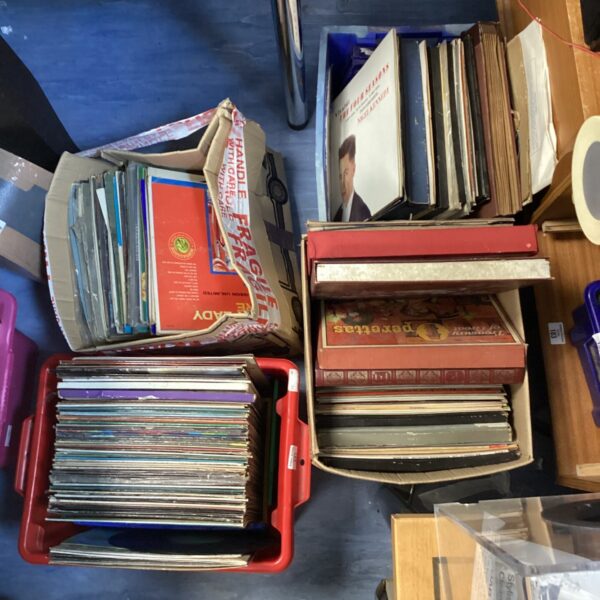 Large boxes filled with a vintage vinyl record collection, classical music.