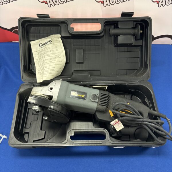 Used PowerG 230mm angle grinder in a carrying case.