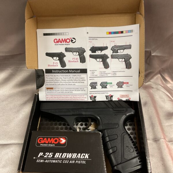 Gamo P-25 Blowback air pistol in original box, side view.
