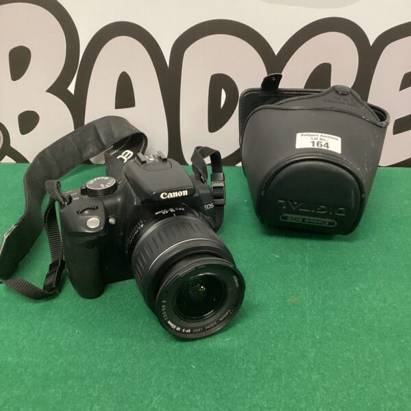 Canon EOS 350D digital SLR camera with lens and carry case.