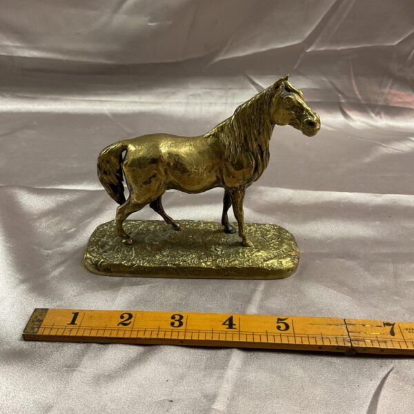 Vintage brass horse sculpture signed Pimene, detailed animal figurine.