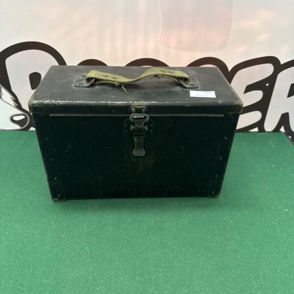 Vintage metal storage tin with handle and hinged lid.