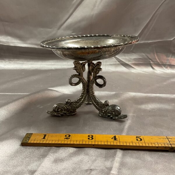 Antique silver plate Maltese bonbon dish with dolphin supports.
