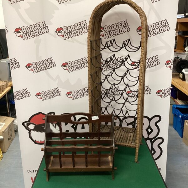 Vintage rattan wine rack with wooden frame and magazine storage.