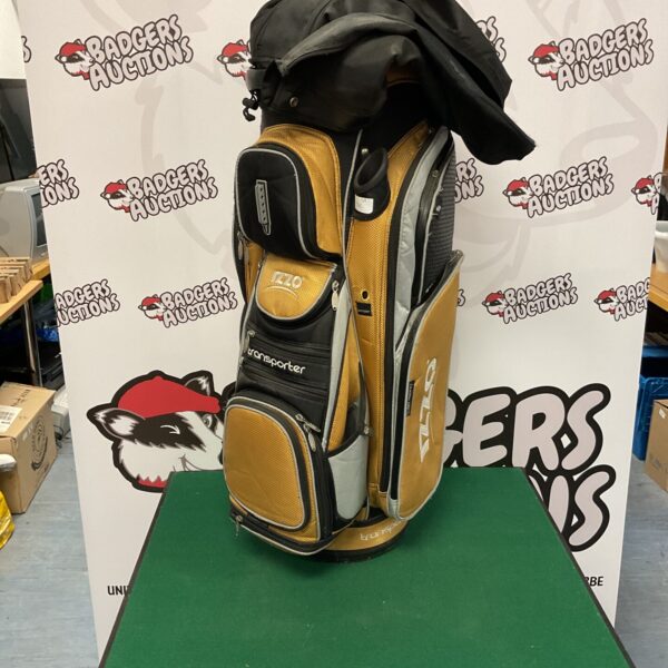 Black Izzo Transporter golf bag with multiple compartments.