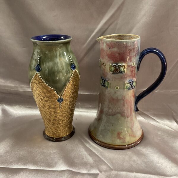 Antique Royal Doulton Art Nouveau vase and stoneware jug set.