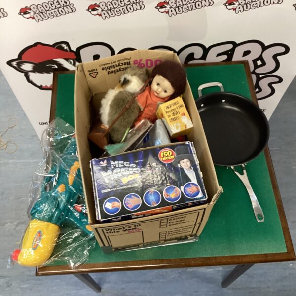 Mixed lot of toys and kitchenware including a magic set and Le Creuset pan.