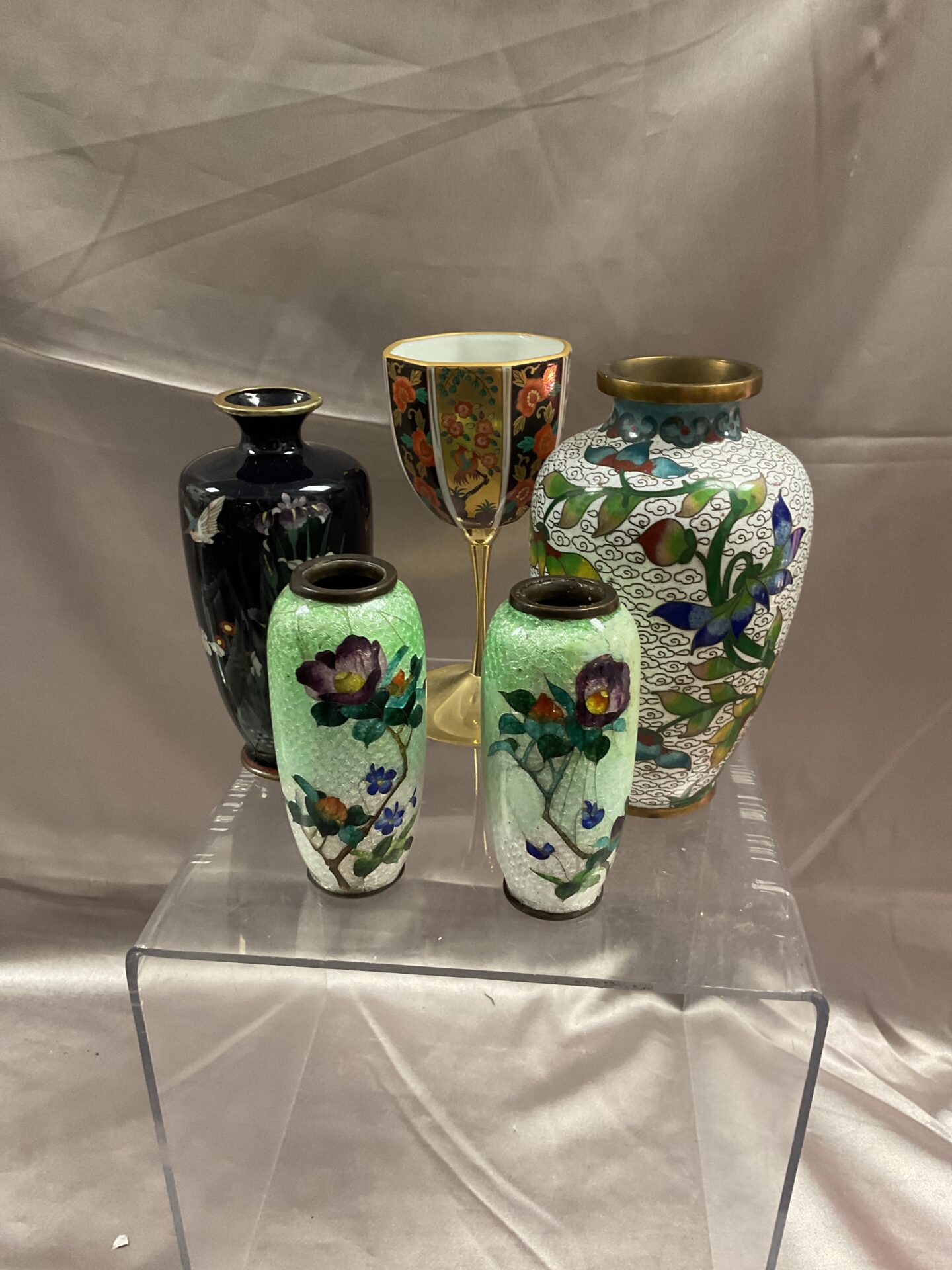 684 Five assorted brass enamelled vases