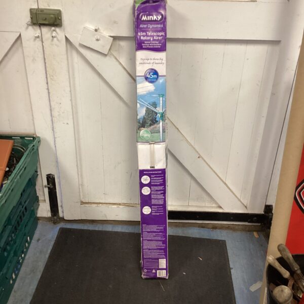 Minky 45m telescopic rotary airer in a garden setting.
