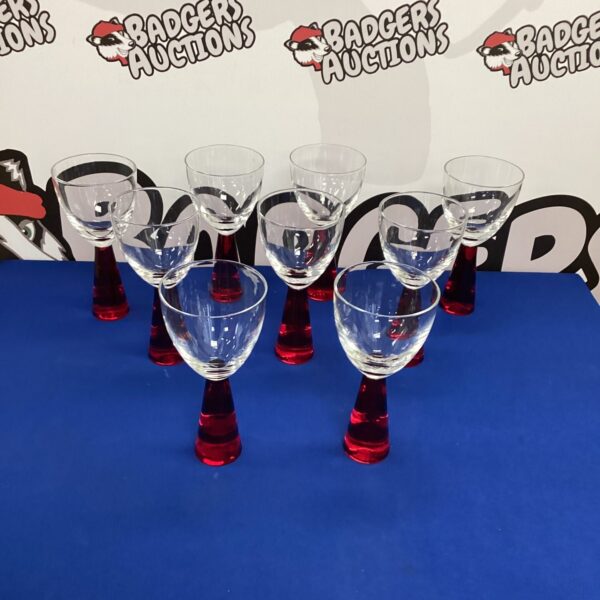 Vintage Artland Prescott ruby stem wine glasses on display.