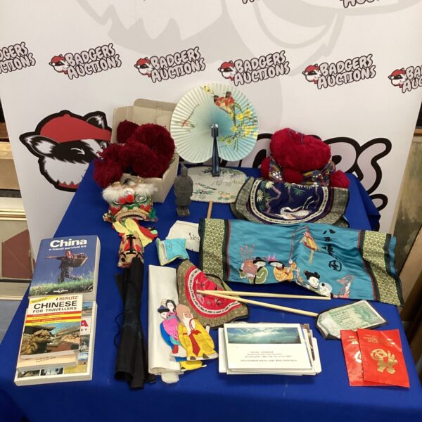 Vintage Chinese memorabilia lot featuring fans and a travel guide.