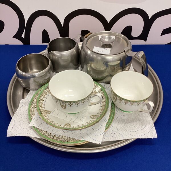 Vintage Old Hall stainless steel tea set on a tray.