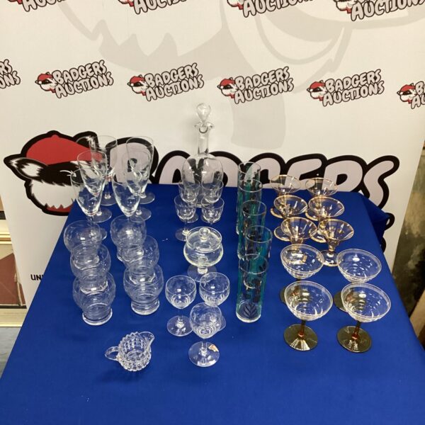 Large lot of vintage crystal and gold glassware for sale.