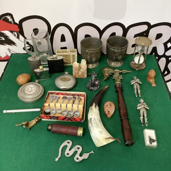 Mixed collectibles lot featuring a shark tooth and vintage curios.