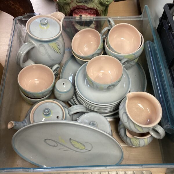 Full view of vintage Denby stoneware tea set with teapot and cups.