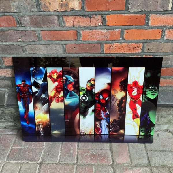 Vibrant metal wall art featuring Marvel and DC superheroes.