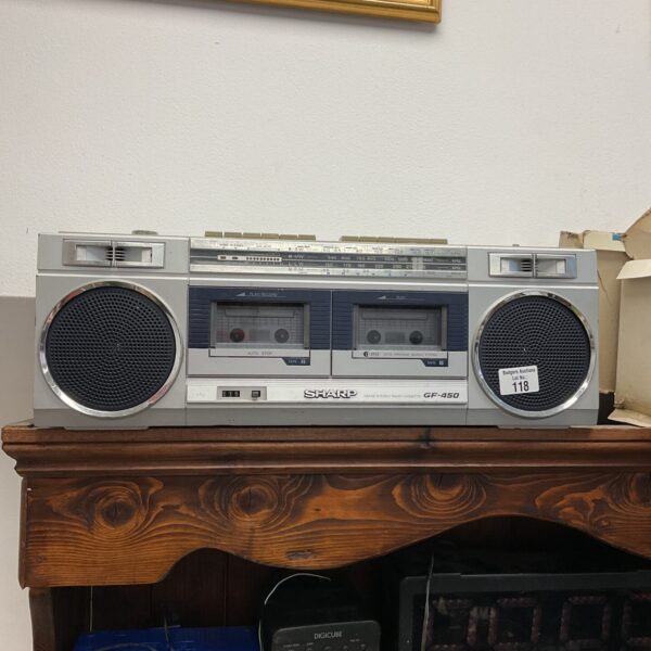 Vintage Sharp GF-450 stereo cassette radio, a portable 1980s device.