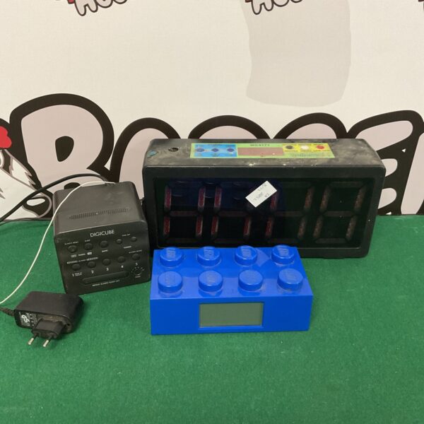 Lot of three digital clocks including Sony Digicube and Lego.