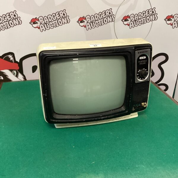 Vintage Sanyo portable television with screen facing forward.