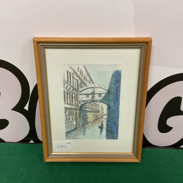 Signed watercolour painting of a Venice canal scene.